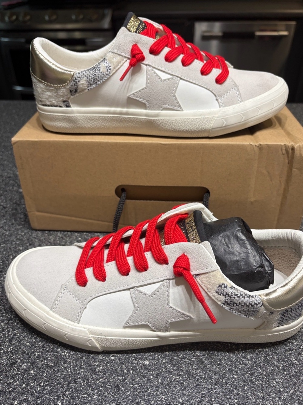 Vintage Havana White Sneakers with Red Laces and Gold Heel and Snake Accent